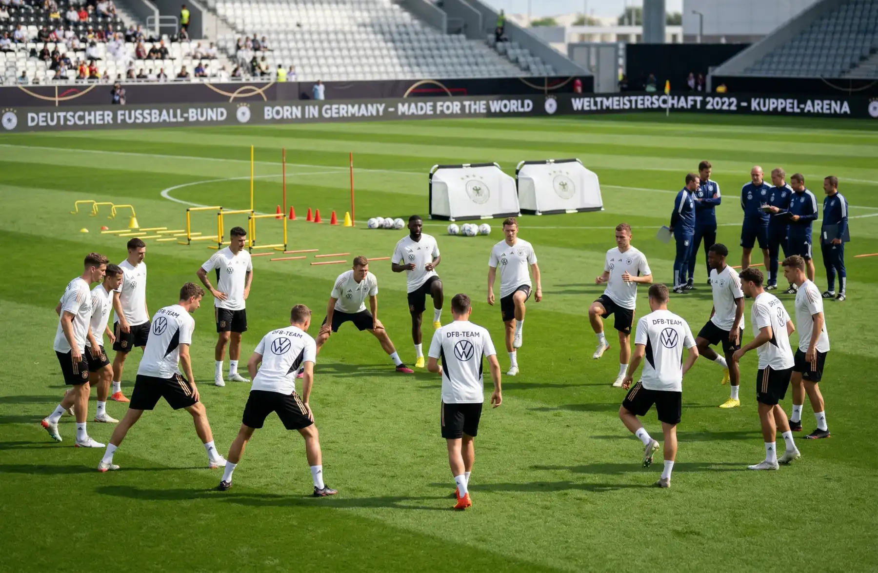 Spieler der deutschen Nationalmannschaft beim Aufwärmen auf dem Trainingsplatz vor einem WM-Spiel