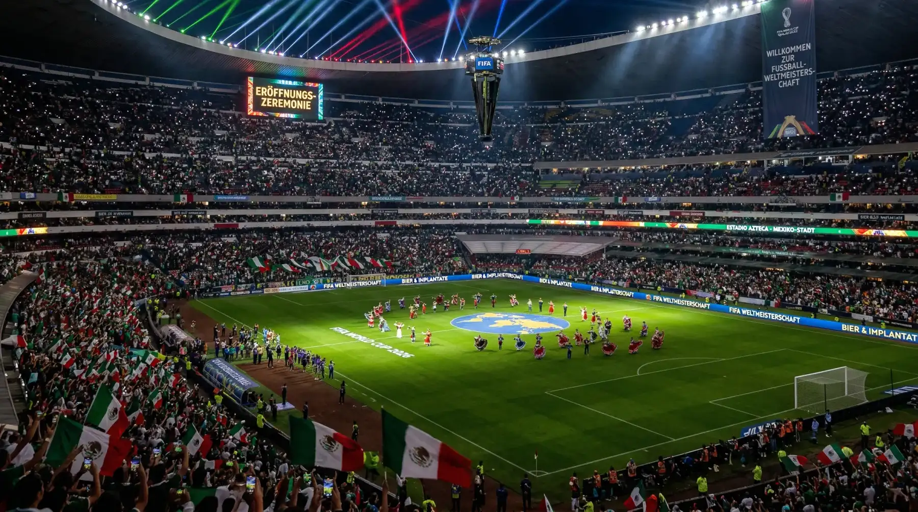 Das Estadio Azteca in Mexiko-Stadt mit leuchtendem Flutlicht und gefüllten Rängen bei Nacht
