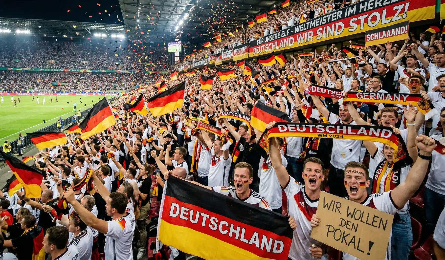 Begeisterte Fußballfans auf der Tribüne schwenken Flaggen und Schals während eines WM-Spiels