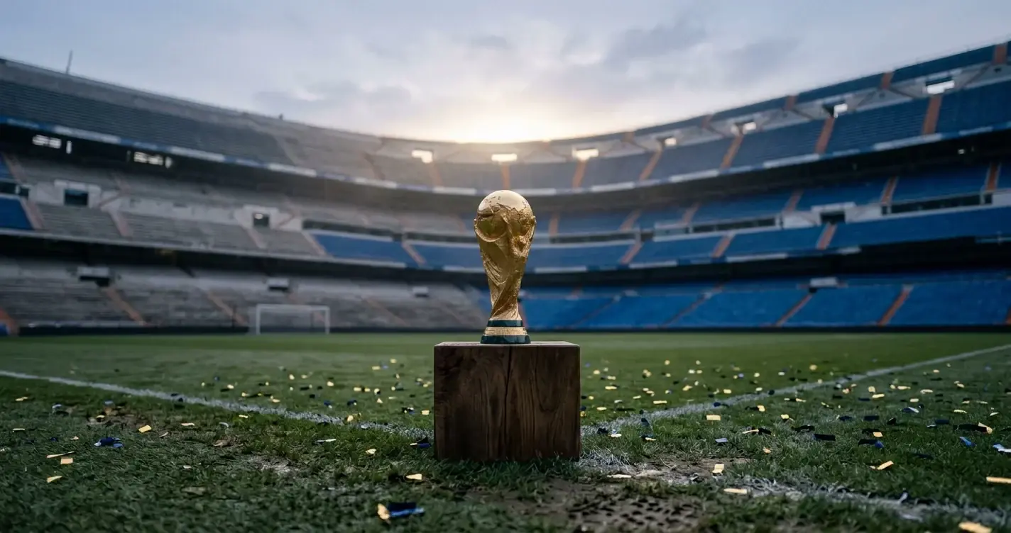 Ein Weltmeisterpokal auf einem Podest vor leeren Rängen eines Stadions am Morgen nach dem Endspiel