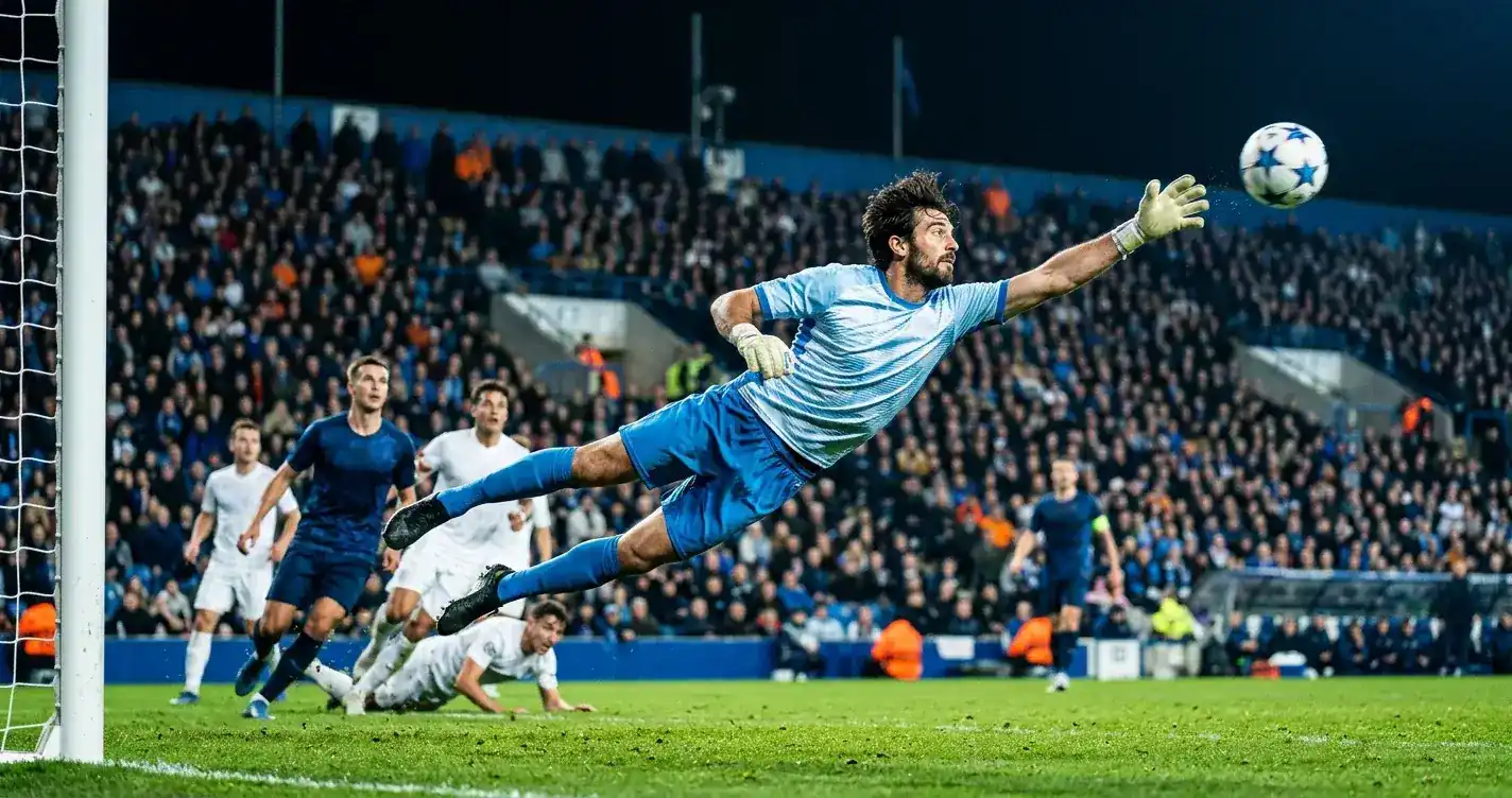 Ein Torhüter im argentinischen Trikot streckt sich nach einem Ball im Fünfmeterraum
