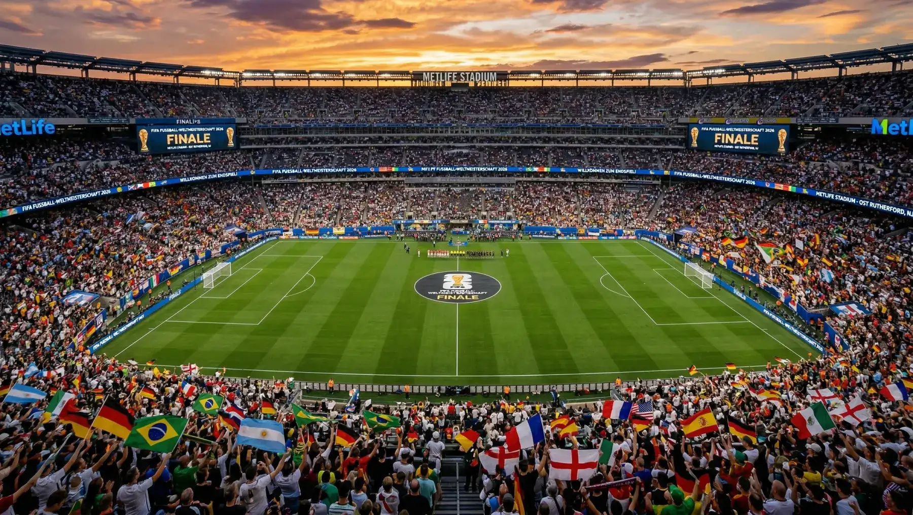 Panoramablick auf das gefüllte MetLife Stadium vor dem WM-Finale 2026 bei Sonnenuntergang