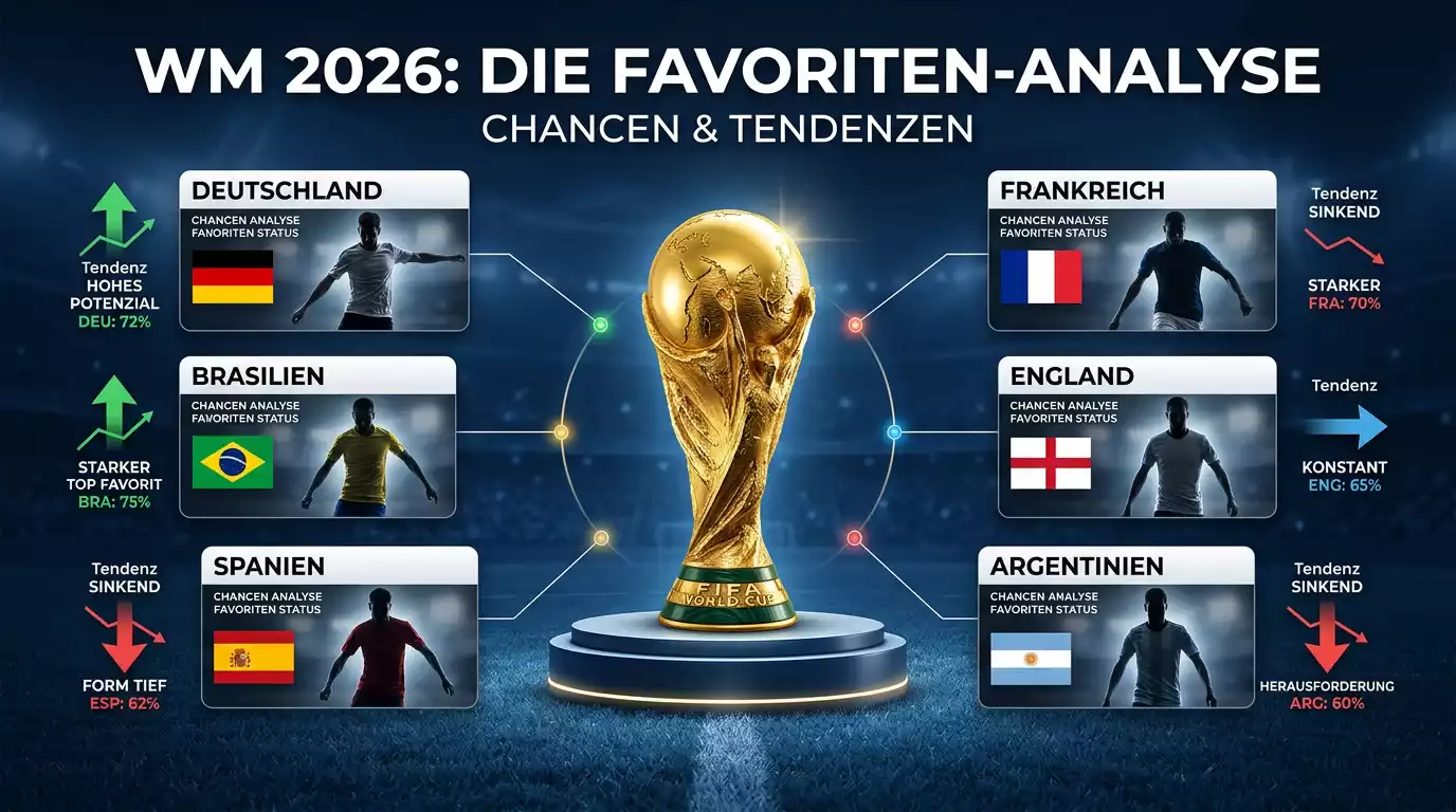 Quotentafel der WM-2026-Favoriten mit Frankreich, Spanien und England an der Spitze
