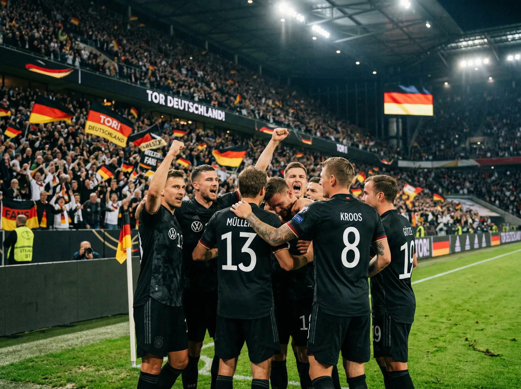 Fußballspieler in Nationalmannschaftstrikots jubeln nach einem Tor mit Fans im Hintergrund